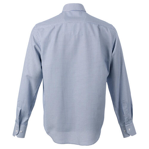 Long-sleeved clergy shirt with blue checked pattern, polycotton, CocoCler 7