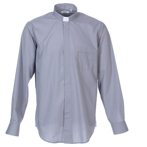 Chemise In Primis col clergy manches longues mélange coton gris clair grandes tailles 1