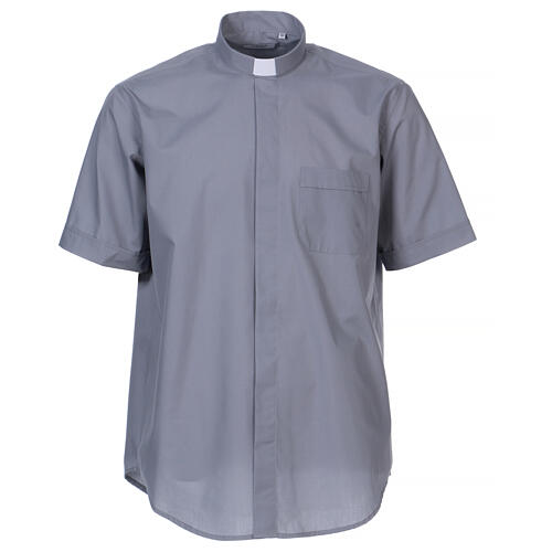 Chemise gris clair clergyman manches courtes mélange coton In Primis grandes tailles 1