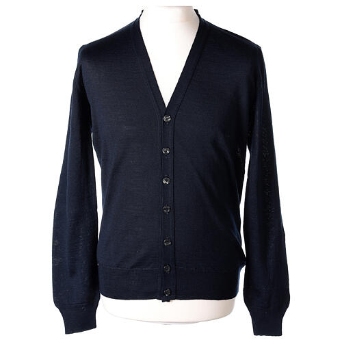 Clergy button-front cardigan blue plain knit 50% acrylic 50% merino wool In Primis 1