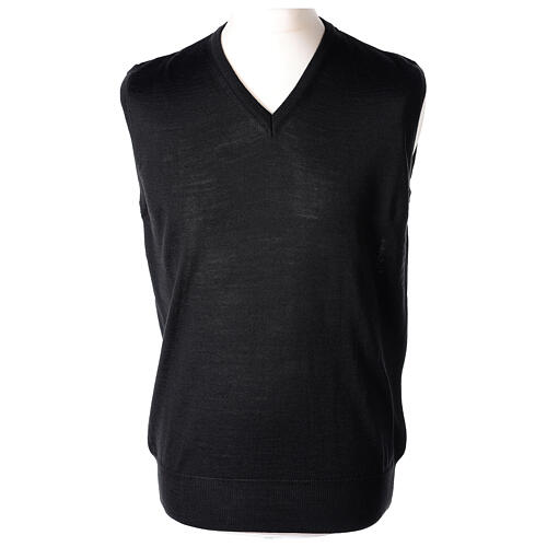 V-neck sleeveless clergy jumper black plain knit 50% merino wool 50% acrylic In Primis 1