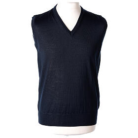 V-neck sleeveless clergy jumper blue plain knit 50% merino wool 50% acrylic In Primis