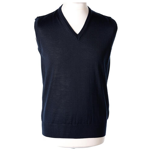 V-neck sleeveless clergy jumper blue plain knit 50% merino wool 50% acrylic In Primis 1