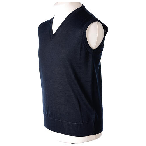V-neck sleeveless clergy jumper blue plain knit 50% merino wool 50% acrylic In Primis 3