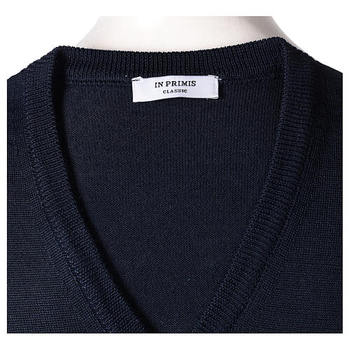 V-neck sleeveless clergy jumper blue plain knit 50% merino wool 50% acrylic In Primis 5