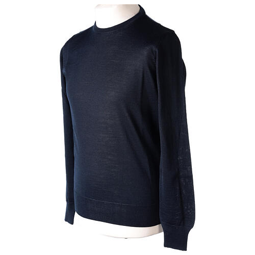 Crew neck blue plain knitted jumper for clergymen 50% acrylic 50% merino wool In Primis 3