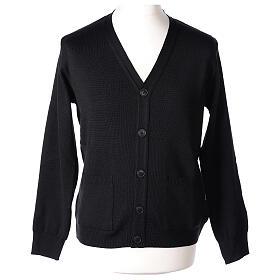 Black priest cardigan In Primis, buttons and pockets, 50% merino wool 50% acrylic