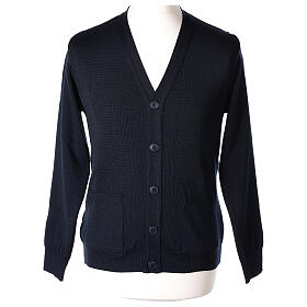 Blue priest cardigan In Primis, buttons and pockets, 50% merino wool 50% acrylic