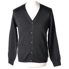 Sweter rozpinany na guziki dla księdza antracyt kieszonki 50% wełna merynos 50% akryl In Primis