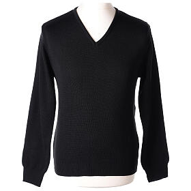 Priest V-neck sweatshirt In Primis, plain black fabric, 50% merino wool 50% arcylic