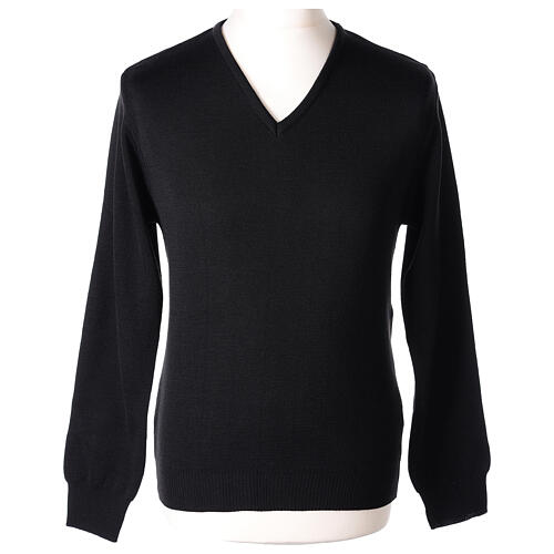 Priest V-neck sweatshirt In Primis, plain black fabric, 50% merino wool 50% arcylic 1