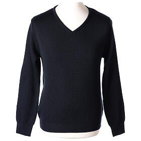 Priest V-neck sweatshirt In Primis, plain blue fabric, 50% merino wool 50% arcylic