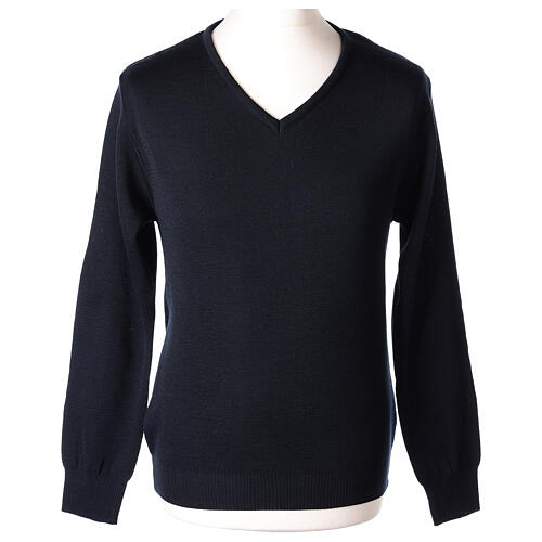 Priest V-neck sweatshirt In Primis, plain blue fabric, 50% merino wool 50% arcylic 1