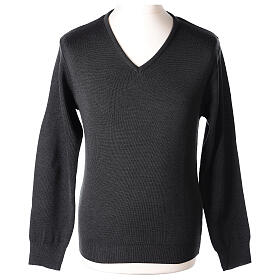 Priest V-neck sweatshirt In Primis, plain dark grey fabric, 50% merino wool 50% arcylic