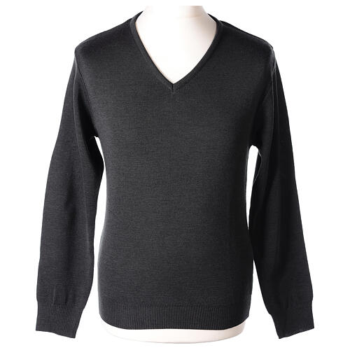 Priest V-neck sweatshirt In Primis, plain dark grey fabric, 50% merino wool 50% arcylic 1