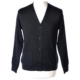 Blue cardigan In Primis for priests, pockets and buttons, PLUS SIZES, 50% merino wool 50% acrylic