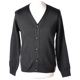 Dark grey cardigan In Primis for priests, pockets and buttons, PLUS SIZES, 50% merino wool 50% acrylic