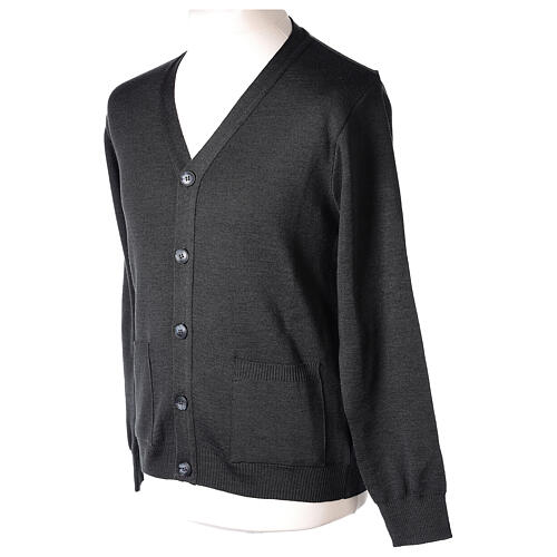 Dark grey cardigan In Primis for priests, pockets and buttons, PLUS SIZES, 50% merino wool 50% acrylic 3