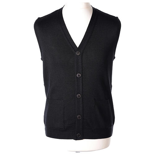 Sleeveless cardigan In Primis for priests, black colour, pockets and buttons, PLUS SIZES, 50% merino wool 50% acrylic 1