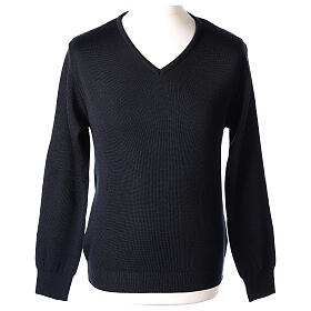 V-neck sweatshirt In Primis for priests, blue plain fabric, PLUS SIZES, 50% merino wool 50% acrylic