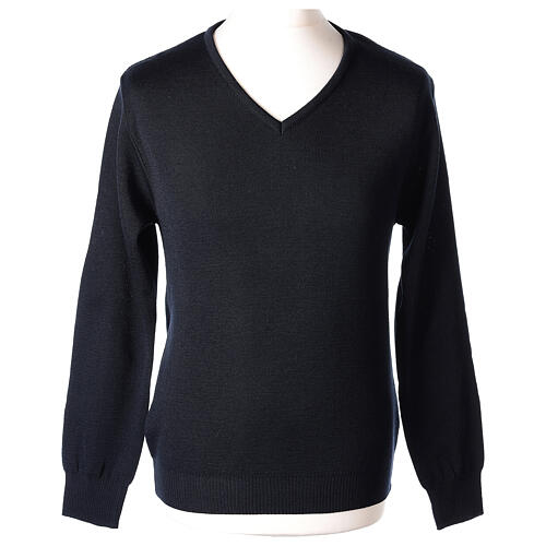 V-neck sweatshirt In Primis for priests, blue plain fabric, PLUS SIZES, 50% merino wool 50% acrylic 1
