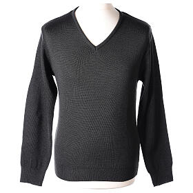 V-neck sweatshirt In Primis for priests, dark grey plain fabric, PLUS SIZES, 50% merino wool 50% acrylic