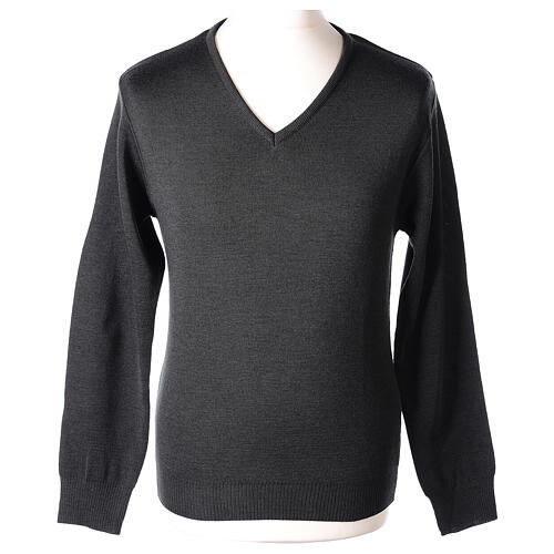 V-neck sweatshirt In Primis for priests, dark grey plain fabric, PLUS SIZES, 50% merino wool 50% acrylic 1