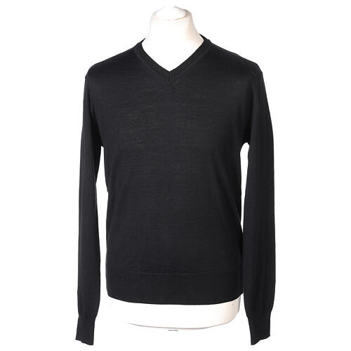 Pullover nero In primis manica lunga collo a V 100% lana merino 1