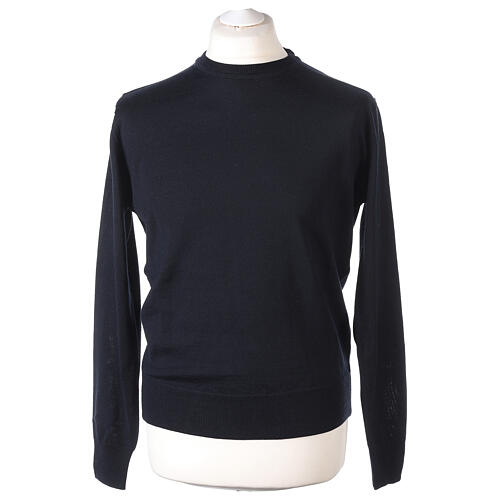 Long-sleeved blue pullover with round neck 100% merino wool 1