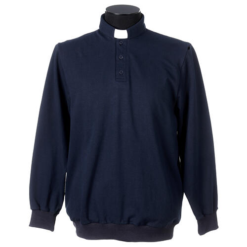 Long sleeve clergy polo shirt three buttons blue Cococler fleece 1