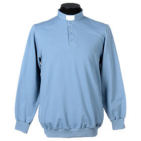 Camisa polo de sacerdote de fato manga comprida 3 botões azul claro Cococler