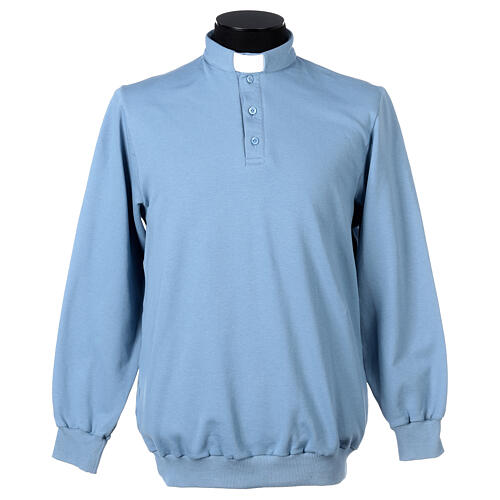 Camisa polo de sacerdote de fato manga comprida 3 botões azul claro Cococler 1
