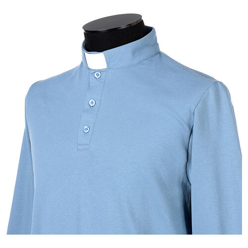 Camisa polo de sacerdote de fato manga comprida 3 botões azul claro Cococler 2