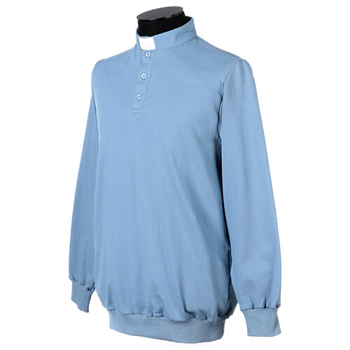 Camisa polo de sacerdote de fato manga comprida 3 botões azul claro Cococler 3