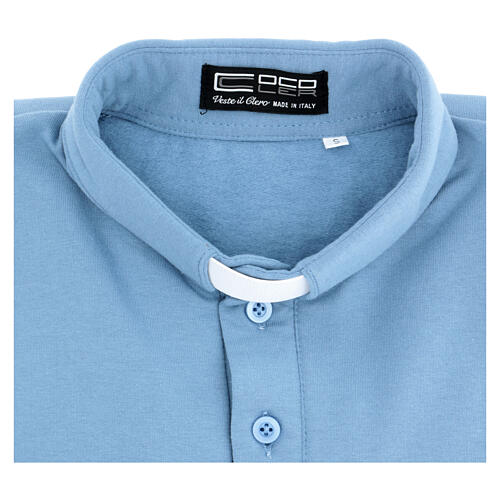 Camisa polo de sacerdote de fato manga comprida 3 botões azul claro Cococler 5