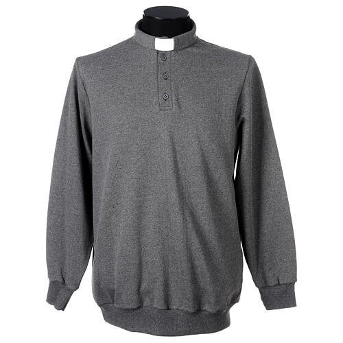 Polo clergy manches longues trois boutons tissu molletonné gris foncé Cococler 1