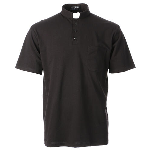 CocoCler Piquet regular short-sleeved black polo shirt with clergy collar 1