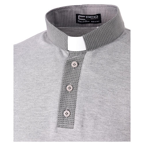 Clergy polo shirt by Cococler, grey cotton, clerical banded collar, jacquard details 2