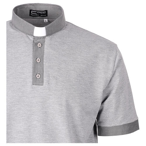 Clergy polo shirt by Cococler, grey cotton, clerical banded collar, jacquard details 4