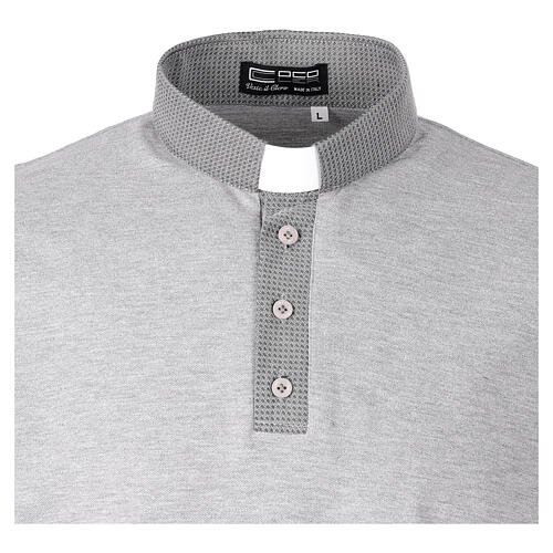 Clergy polo shirt by Cococler, grey cotton, clerical banded collar, jacquard details 3