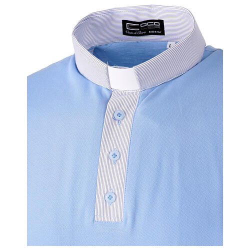 Light blue clergy polo shirt by Cococler, piqué with striped-contrast collar 2