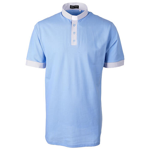 Cococler polo shirt with clergy collar in light blue pique stripe  1