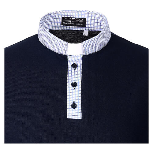 Blue clergy polo shirt by Cococler, clerical collar, checked piqué 2