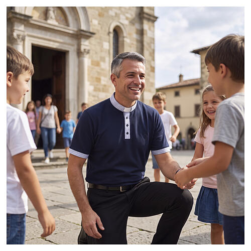 Blue clergy polo shirt by Cococler, clerical collar, checked piqué 2
