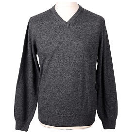 Pull en jersey anthracite col en V 10% cachemire 40% laine mérinos In Primis