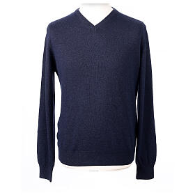Pulôver azul escuro tricô plano gola em V 10% caxemira 40% lã de merino In Primis