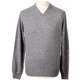 Pull jersey col en V 10% cachemire 40% laine mérinos gris In Primis