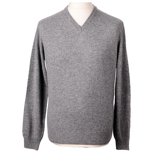 Pull jersey col en V 10% cachemire 40% laine mérinos gris In Primis 1