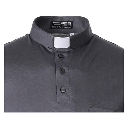 Short-sleeved Clergy collar polo shirt by CocoCler in dark grey lisle-like piqué imperial 4