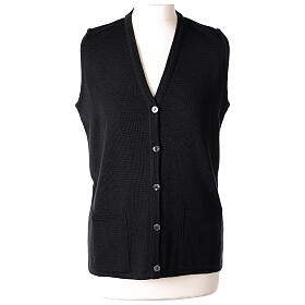 Sleeveless black cardigan In Primis for nuns, V-neck and pockets, 50% merino wool 50% acrylic